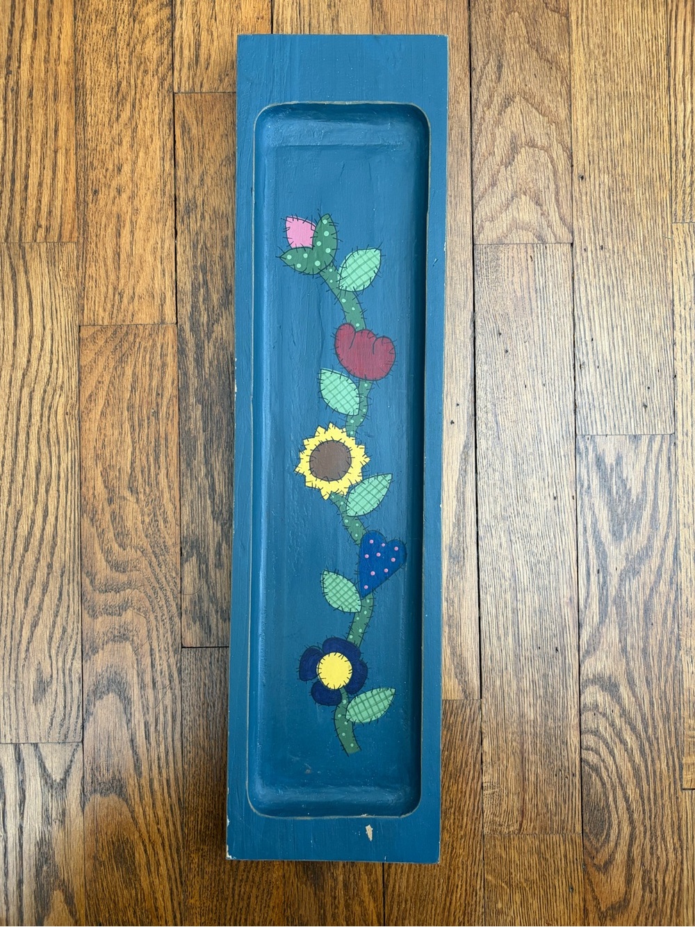Vintage Rustic Hand Painted Wooden Trinket Tray Decor Blue Floral